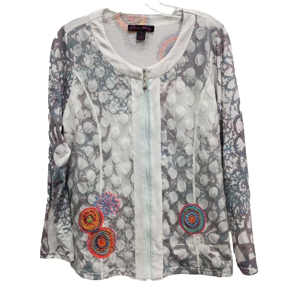 Elena Wang Womens Jacket Large Multi Embroidered Lace Overlay Zip Front Artsy